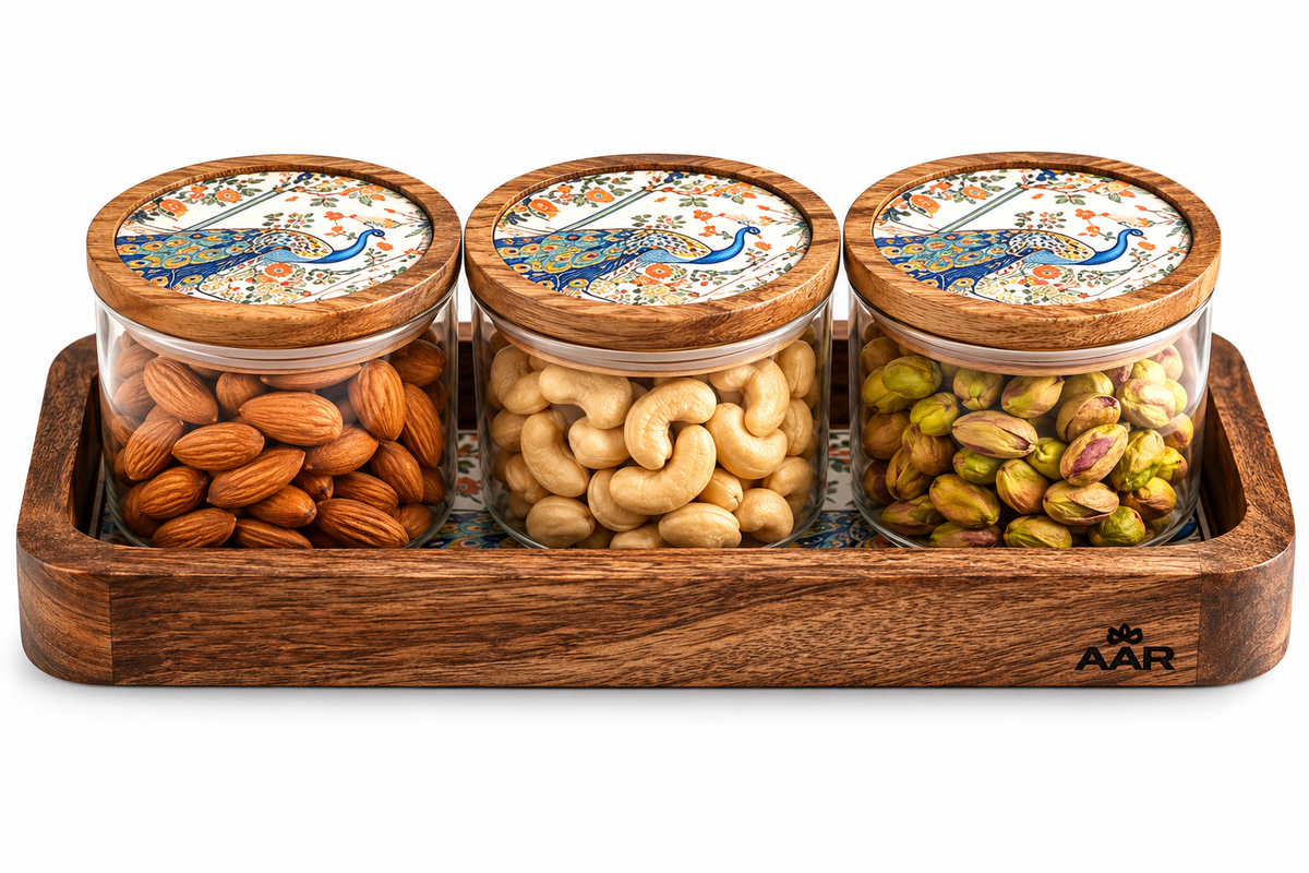 AAR Artisan 3 Jar Dry Fruit Set with Wooden Tray, Decorative Peacock Print Lids, Glass Storage Jars for Nuts, Almonds, Cashews, Pistachios & Snacks