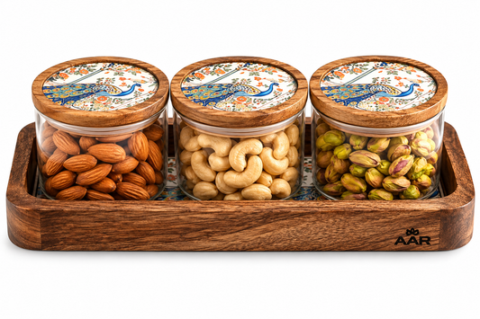AAR Artisan 3 Jar Dry Fruit Set with Wooden Tray, Decorative Peacock Print Lids, Glass Storage Jars for Nuts, Almonds, Cashews, Pistachios & Snacks