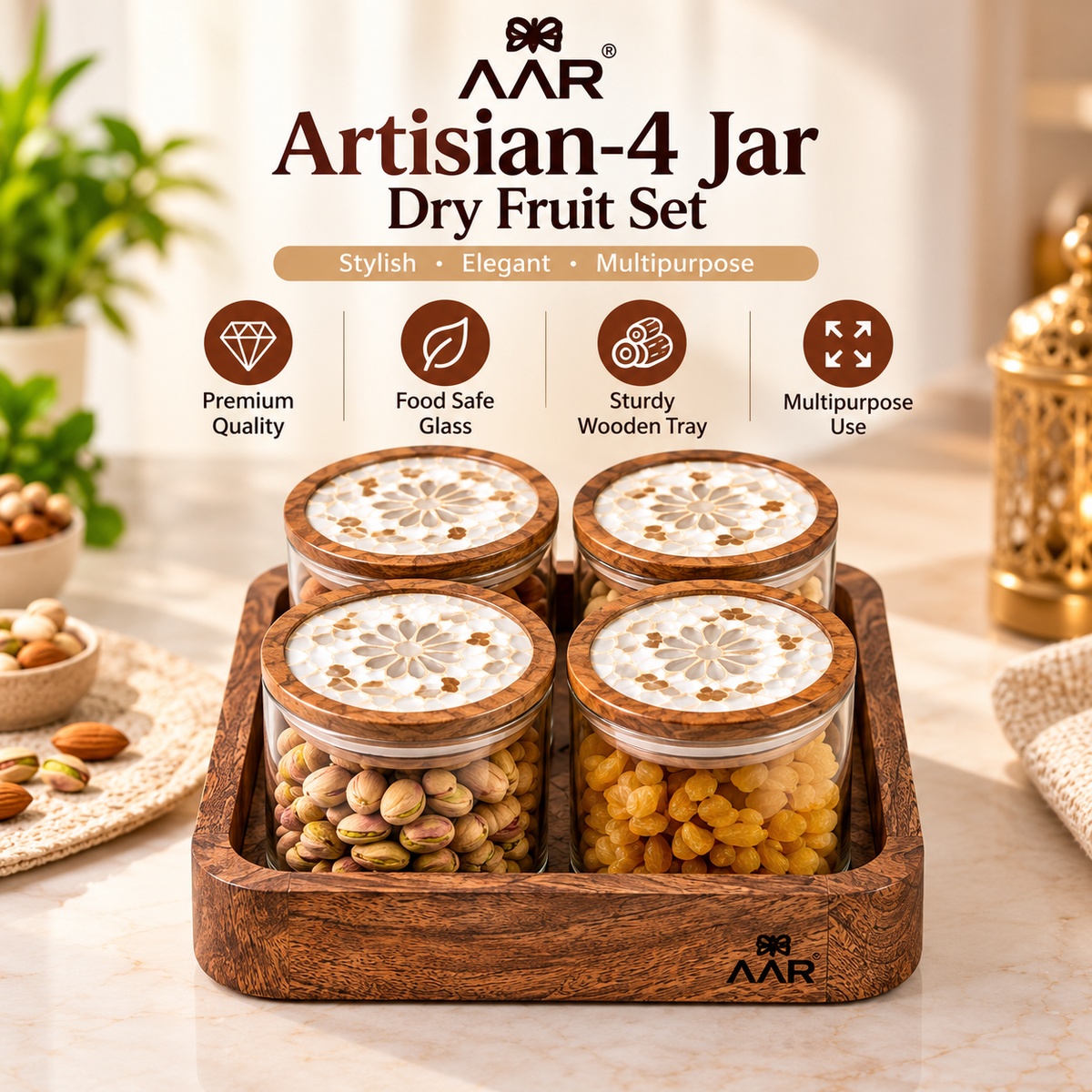 AAR Artisian 4 Jar Dry Fruit Set with Decorative Lids and Wooden Tray for Kitchen Storage and Dining Table