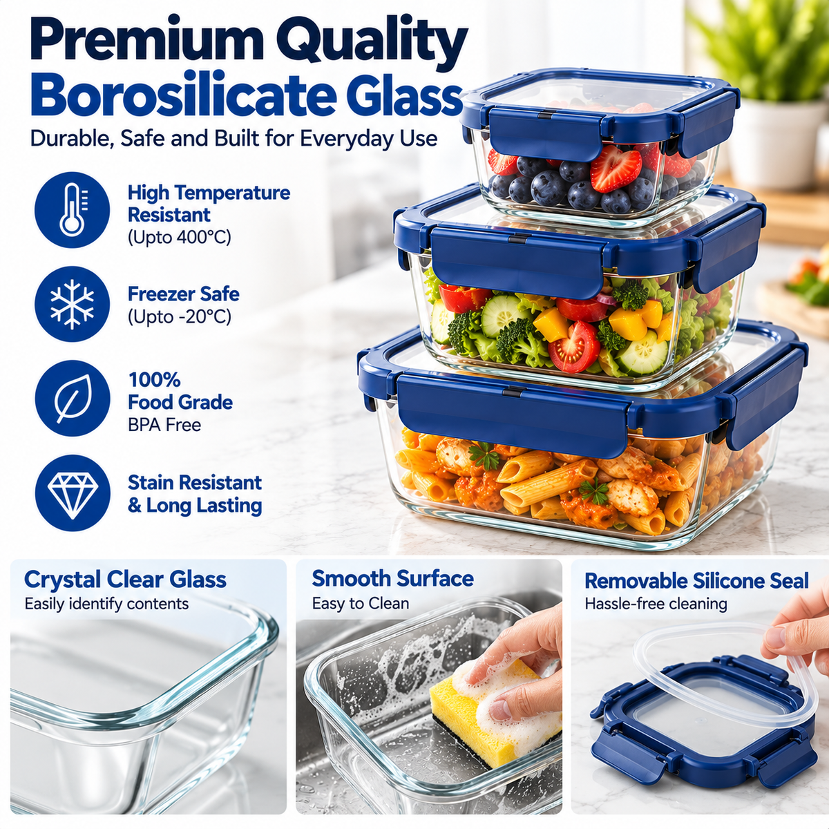 AAR Fresha Square Glass Food Storage Containers Set of 3, 320ml + 520ml + 800ml, Blue Airtight Locking Lids, Transparent Kitchen Storage Boxes for Fruits, Snacks, Leftovers and Meal Prep