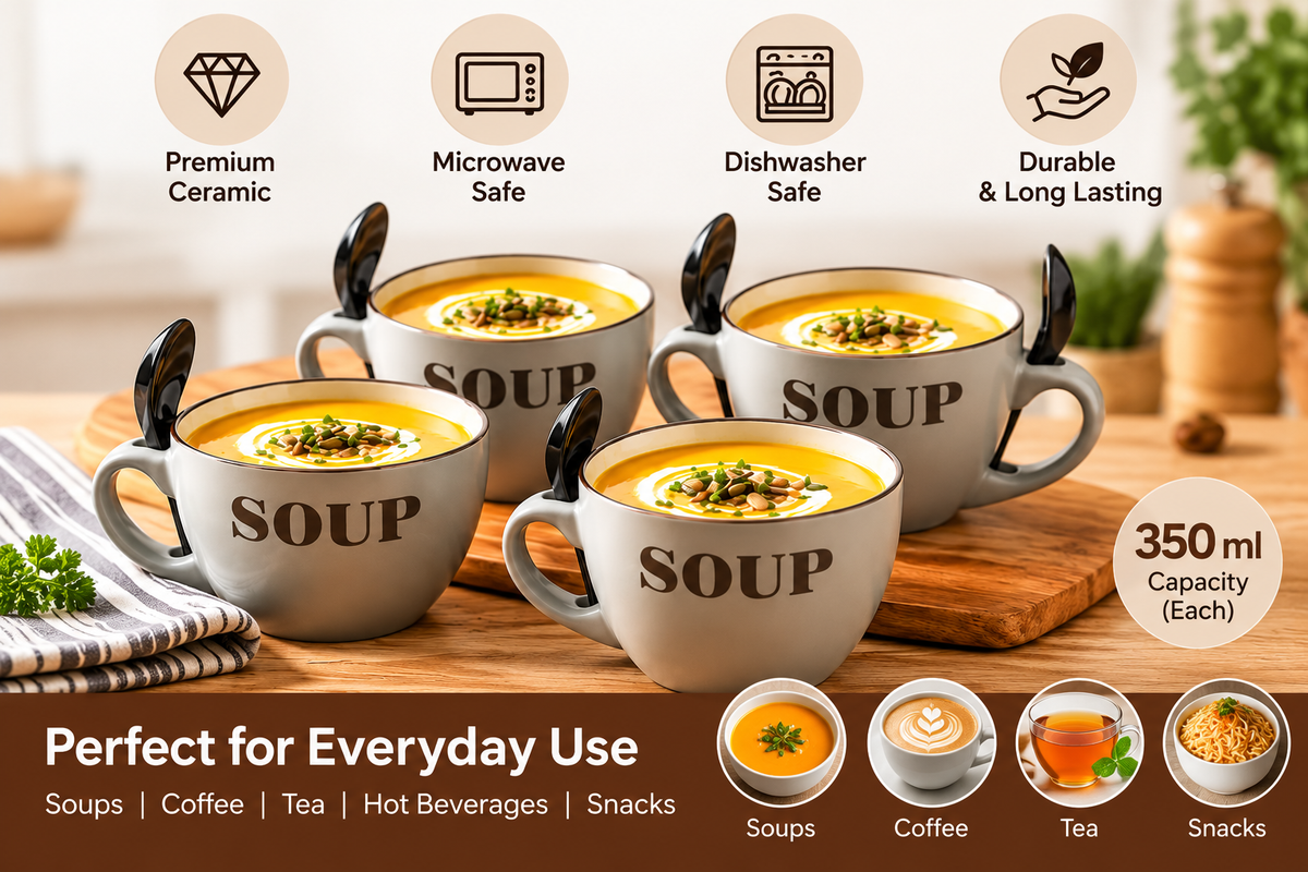 AAR Cuddle Cup 4 Pcs Ceramic Soup Mug Set with Spoon Holder, Soup Cups for Coffee, Tea, Noodles and Hot Beverages, Stylish Kitchen Drinkware Set