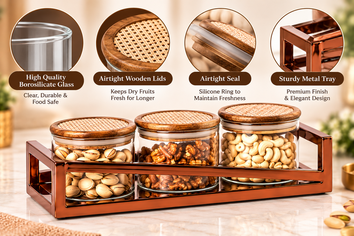 AAR Metalica 3 Jar Rectangular Dry Fruit Set for Kitchen & Dining | Stylish Storage Jars for Dry Fruits, Nuts, Snacks, Candies & Mouth Freshener | Decorative Table Organizer
