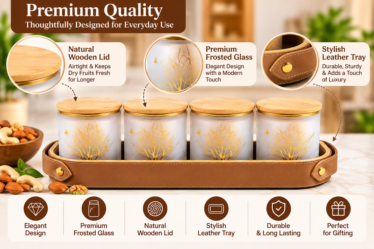 AAR Delight 4 Jar Dry Fruit Set for Kitchen & Dining | Elegant Storage Jars for Dry Fruits, Nuts, Snacks, Candies & Mouth Freshener | Decorative Kitchen Countertop Organizer