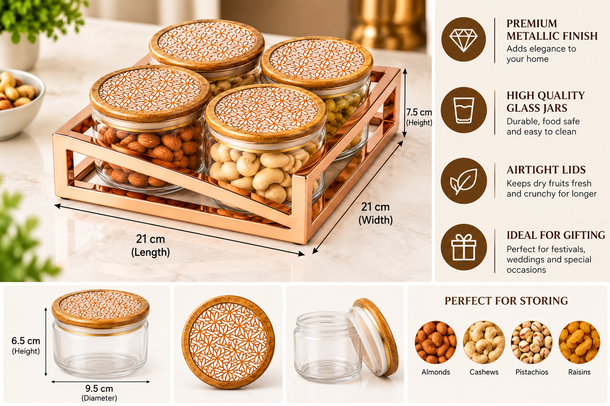 AAR Metalica 4 Jar Square Dry Fruit Set – Stylish Decorative Storage Containers for Dry Fruits, Nuts, Snacks and Candy