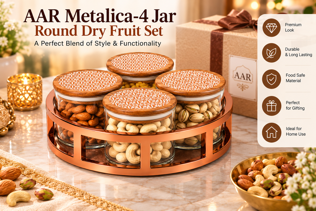 AAR Metalica 4 Jar Round Dry Fruit Set for Kitchen & Dining | Stylish Storage Jars for Dry Fruits, Nuts, Snacks, Candies & Mouth Freshener | Decorative Dining Table Organizer