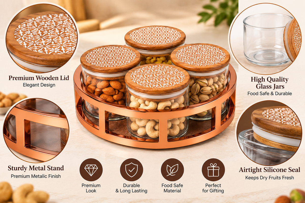 AAR Metalica 4 Jar Round Dry Fruit Set for Kitchen & Dining | Stylish Storage Jars for Dry Fruits, Nuts, Snacks, Candies & Mouth Freshener | Decorative Dining Table Organizer