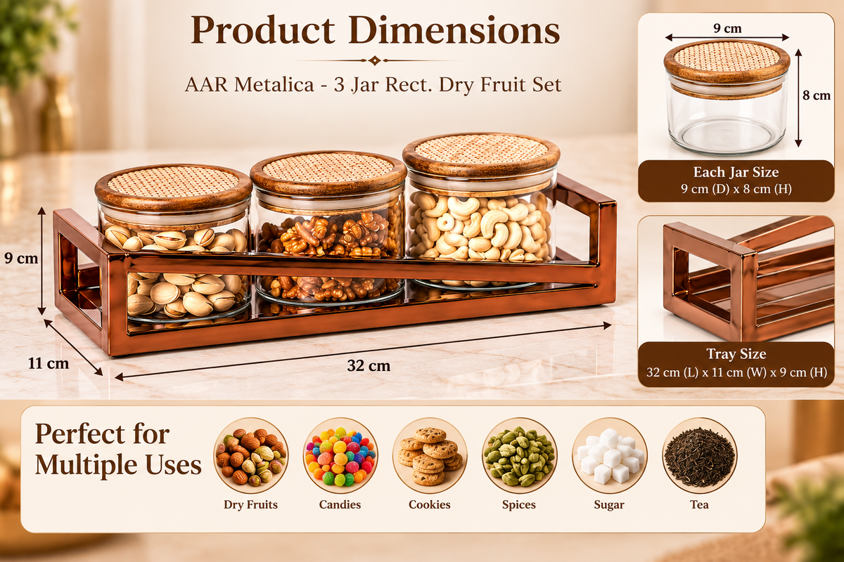AAR Metalica 3 Jar Rectangular Dry Fruit Set for Kitchen & Dining | Stylish Storage Jars for Dry Fruits, Nuts, Snacks, Candies & Mouth Freshener | Decorative Table Organizer
