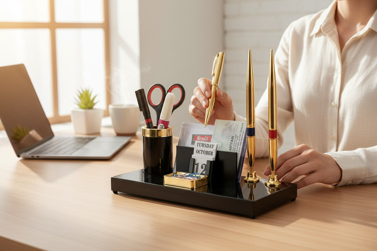 Executive Black & Gold Desk Organizer with Dual Premium Pens, Calendar & Card Holder
