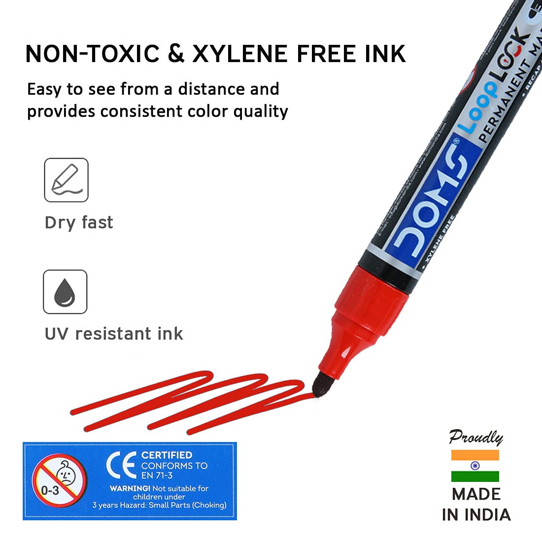 Doms Refilo Non-Toxic Hi-Tech Refillable Loop Lock Permanent Marker Pen (RED)