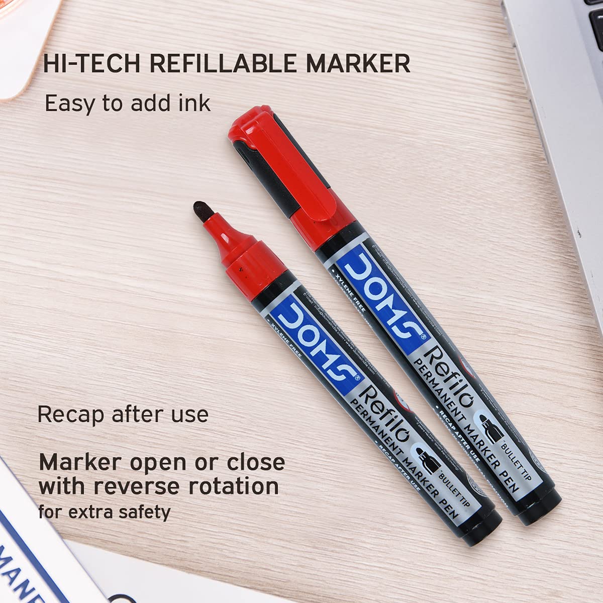 Doms Refilo Non-Toxic Hi-Tech Refillable Permanent Marker Pen (RED)