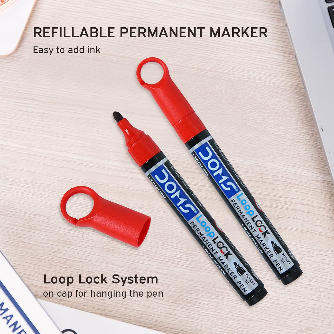 Doms Refilo Non-Toxic Hi-Tech Refillable Loop Lock Permanent Marker Pen (RED)