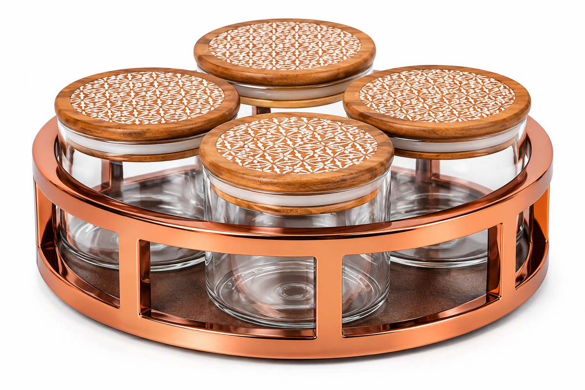 AAR Metalica 4 Jar Round Dry Fruit Set for Kitchen & Dining | Stylish Storage Jars for Dry Fruits, Nuts, Snacks, Candies & Mouth Freshener | Decorative Dining Table Organizer