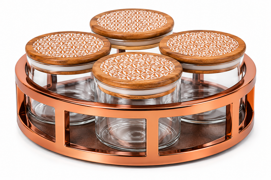 AAR Metalica 4 Jar Round Dry Fruit Set for Kitchen & Dining | Stylish Storage Jars for Dry Fruits, Nuts, Snacks, Candies & Mouth Freshener | Decorative Dining Table Organizer