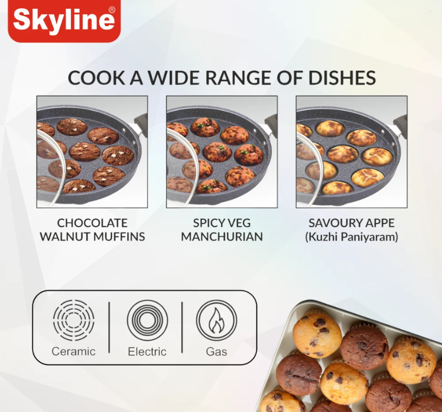 SKYLINE APPAM MAKER WITH GLASS LID 12 CUPS VTL8800