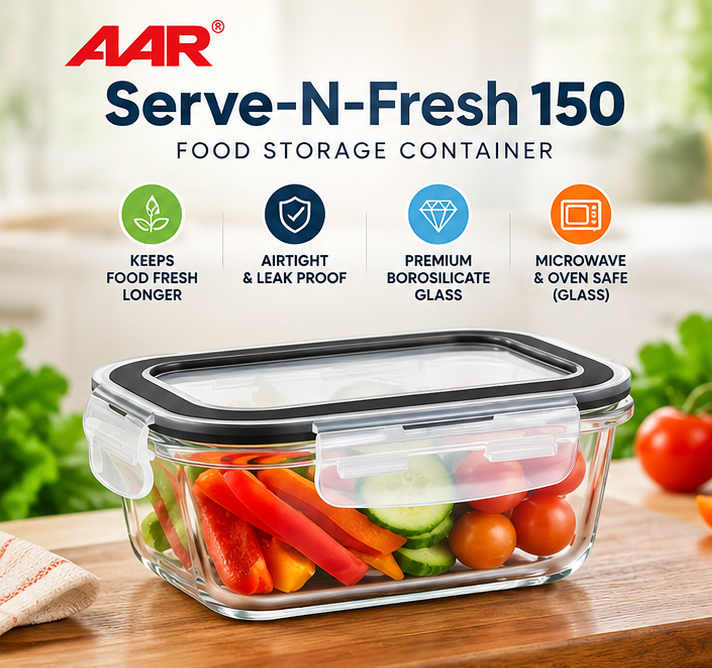 **AAR Serve-N-Fresh 150 ml Glass Food Storage Container with Airtight Leakproof Lid, Microwave & Oven Safe, Freezer Safe, Dishwasher Safe Glass Container for Fruits, Snacks, Meal Prep & Food Storage**