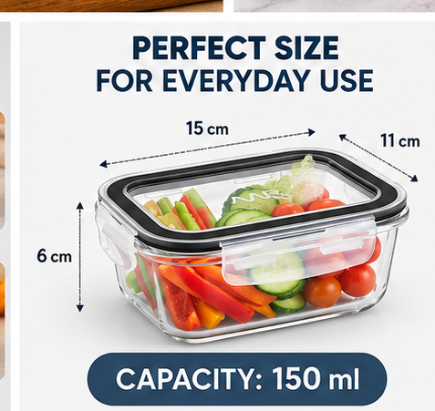 **AAR Serve-N-Fresh 150 ml Glass Food Storage Container with Airtight Leakproof Lid, Microwave & Oven Safe, Freezer Safe, Dishwasher Safe Glass Container for Fruits, Snacks, Meal Prep & Food Storage**