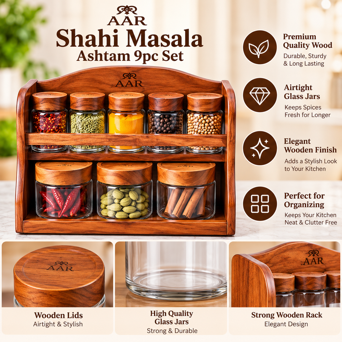 AAR Shahi Masala Ashtam 9 Piece Wooden Spice Rack Set with Glass Jars and Wooden Lids for Kitchen Storage