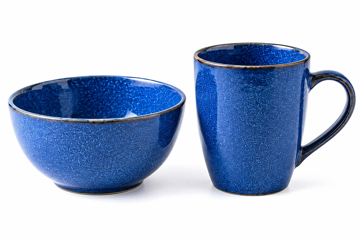 AAR Evero Ceramic Bowl and Mug Set, Blue Speckled Glazed Tableware Set for Breakfast, Tea, Coffee, Snacks and Everyday Use