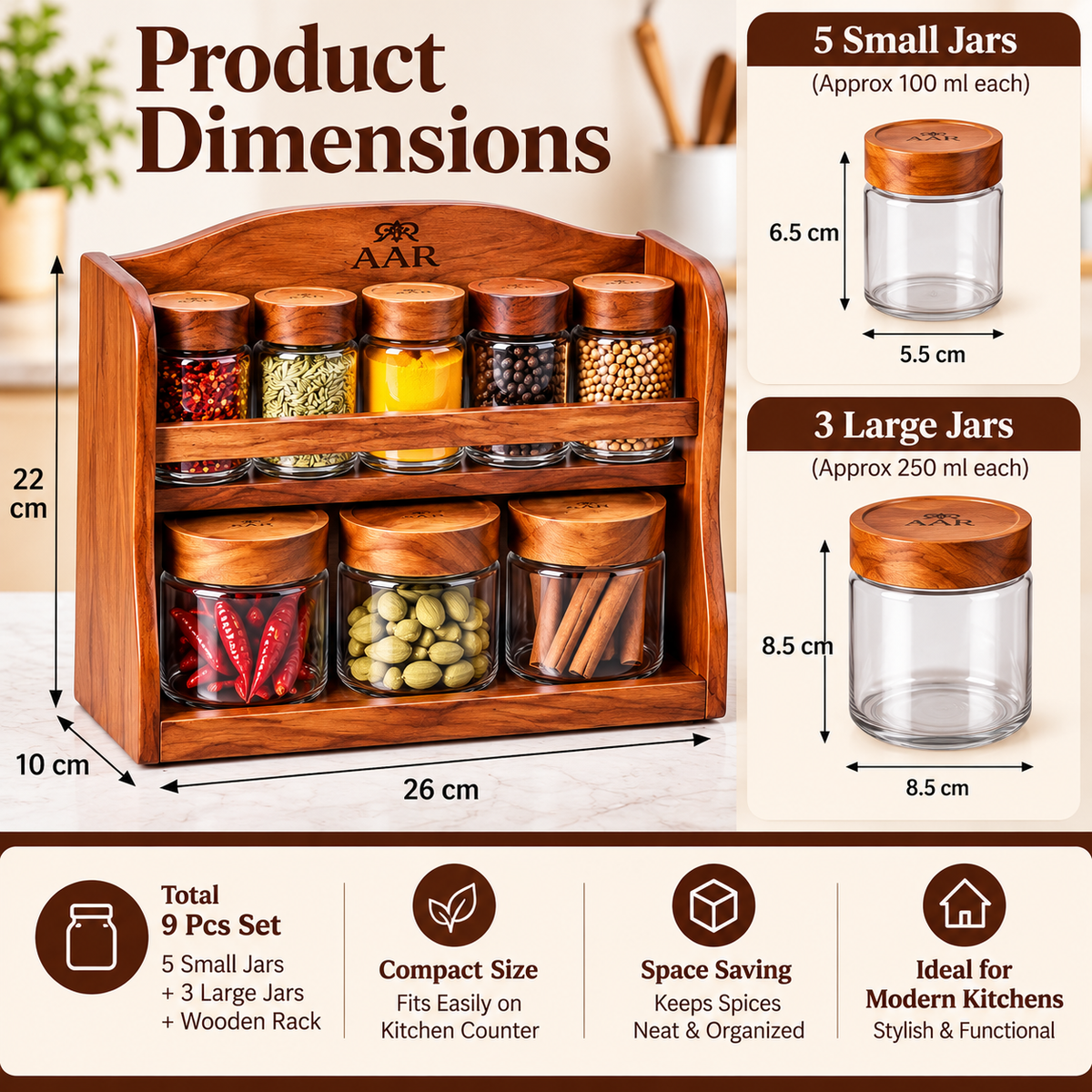 AAR Shahi Masala Ashtam 9 Piece Wooden Spice Rack Set with Glass Jars and Wooden Lids for Kitchen Storage