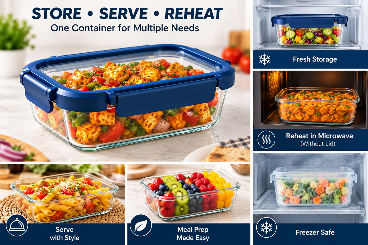 AAR Fresha Rectangle Glass Food Storage Container 1040 ML with Airtight Locking Lid, BPA-Free, Leakproof, Microwave & Freezer Safe, Kitchen Meal Prep Container