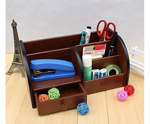 Kebica Polished Multi-Functional Wooden Desk Organizer, Pen Stand/Pencil Stand/Stationery Stand for Office and Students use with Drawer