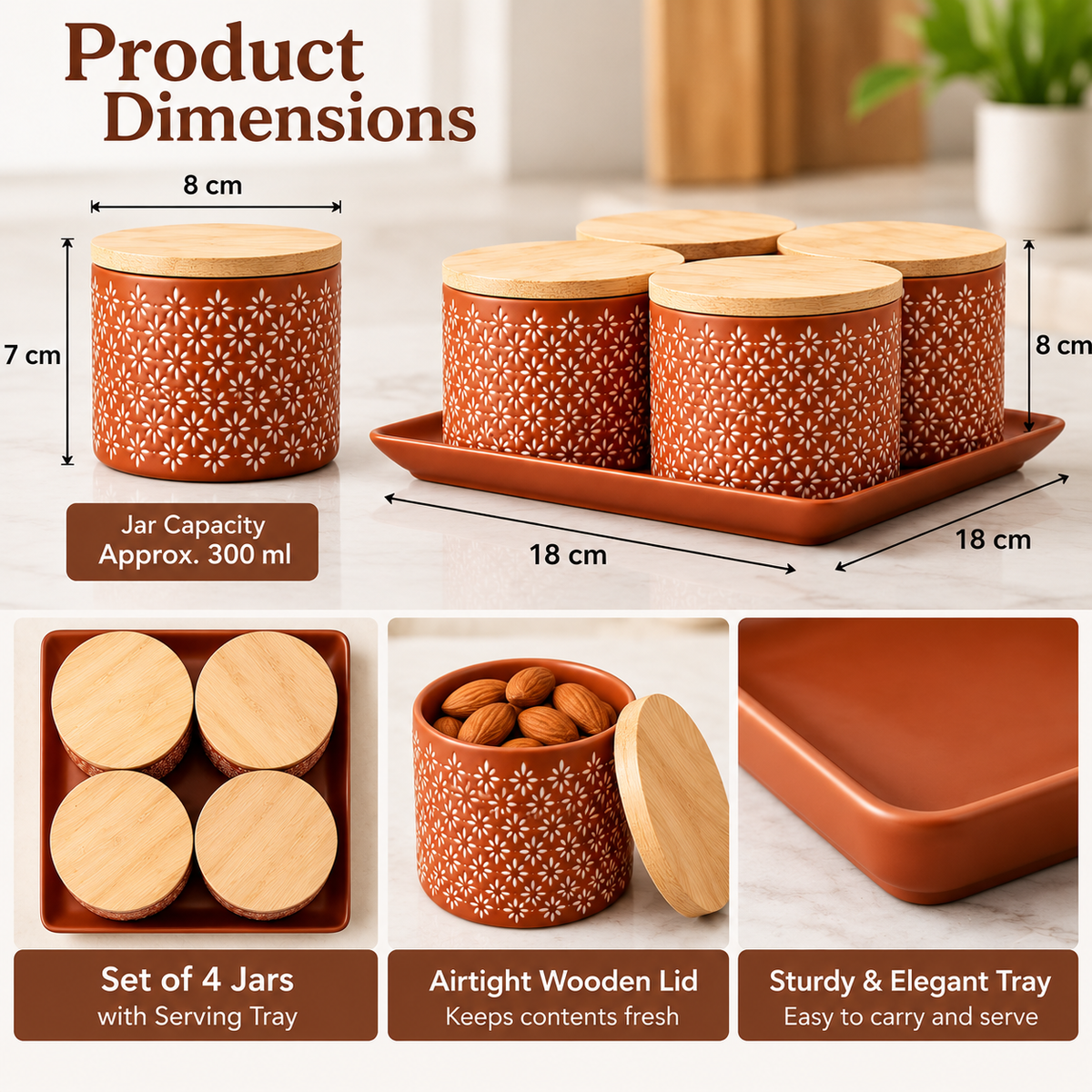 AAR Ceramica-4 Jar Dry Fruit Set | Stylish 4-Jar Storage Set for Dry Fruits, Nuts, Snacks & Kitchen Décor