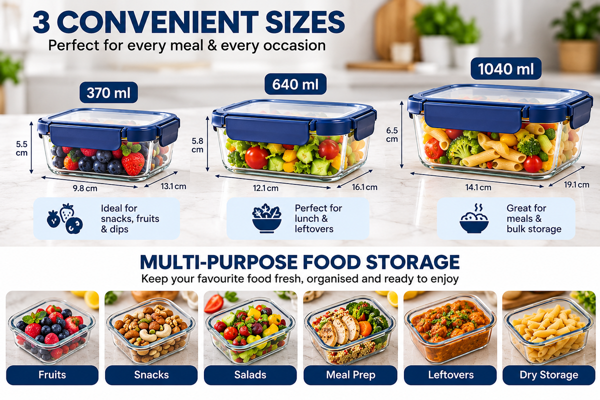 AAR Fresha Rectangle Glass Food Storage Containers Set of 3, 370ml + 640ml + 1040ml, Airtight Leakproof Blue Lids, Premium Borosilicate Glass Containers for Kitchen, Meal Prep, Snacks & Leftovers
