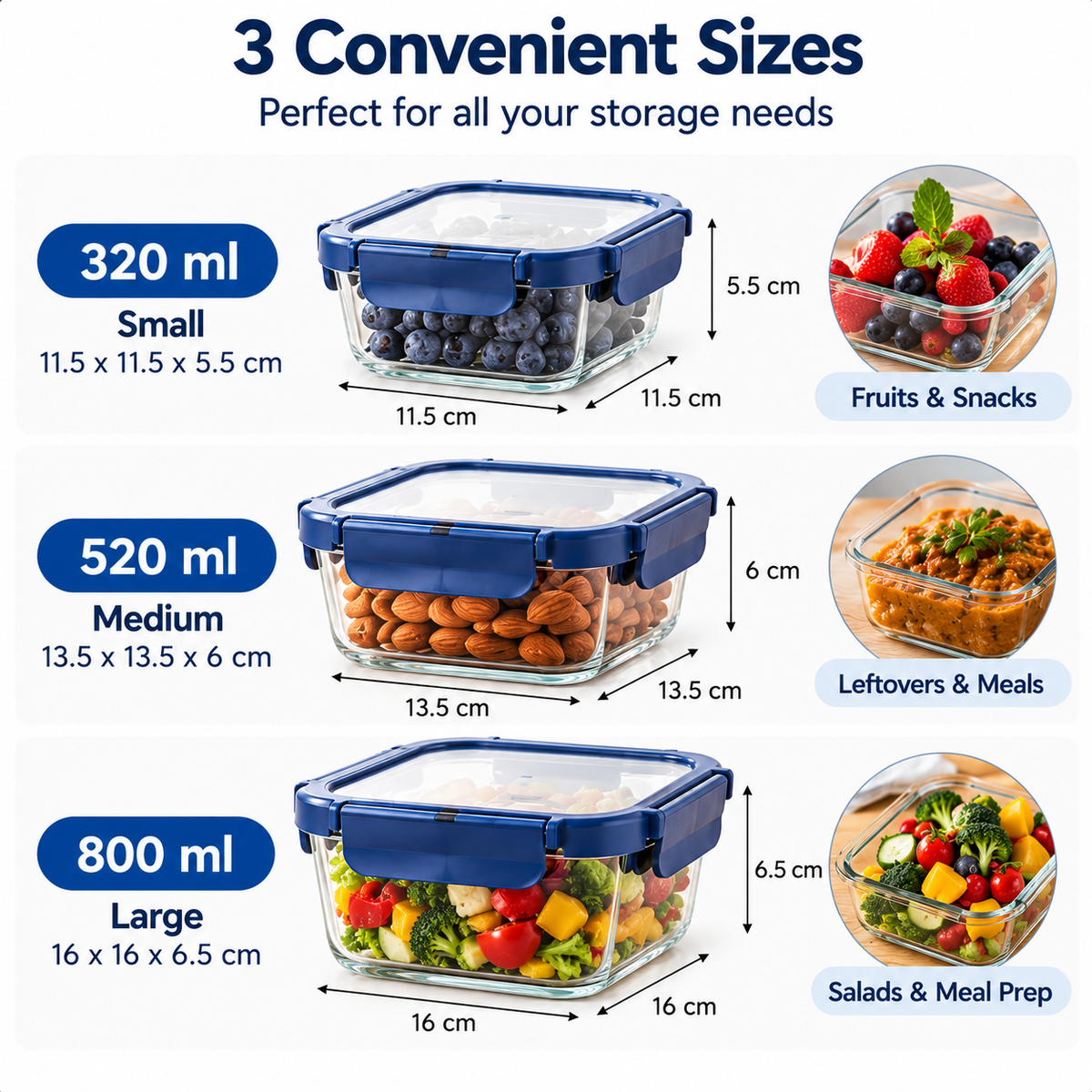 AAR Fresha Square Glass Food Storage Containers Set of 3, 320ml + 520ml + 800ml, Blue Airtight Locking Lids, Transparent Kitchen Storage Boxes for Fruits, Snacks, Leftovers and Meal Prep