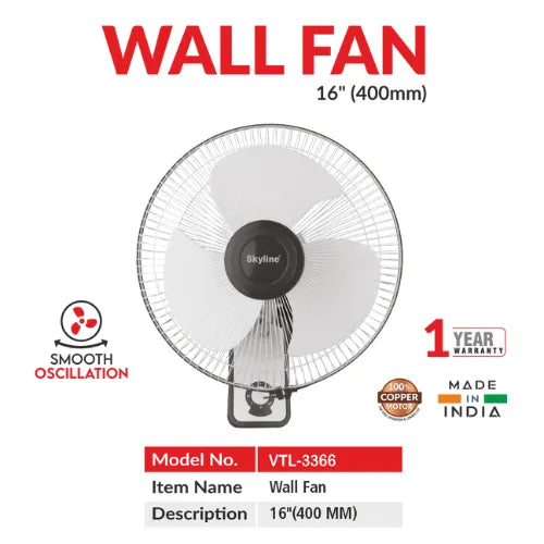 Skyline Electric Wall Fan VTL-3366 | High Speed | Oscillating Wall Mount Fan for Home & Office