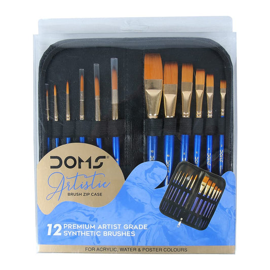 Doms 12 Artistic Brushes with Zip Case Pouch | Artist Grade Synthetic Brushes | Smooth & Durable Metal Ferrule | for Acrylic, Water & Poster Colors | Pack of 1