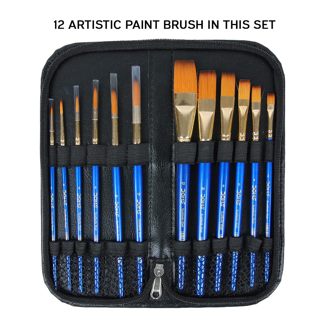 Doms 12 Artistic Brushes with Zip Case Pouch | Artist Grade Synthetic Brushes | Smooth & Durable Metal Ferrule | for Acrylic, Water & Poster Colors | Pack of 1