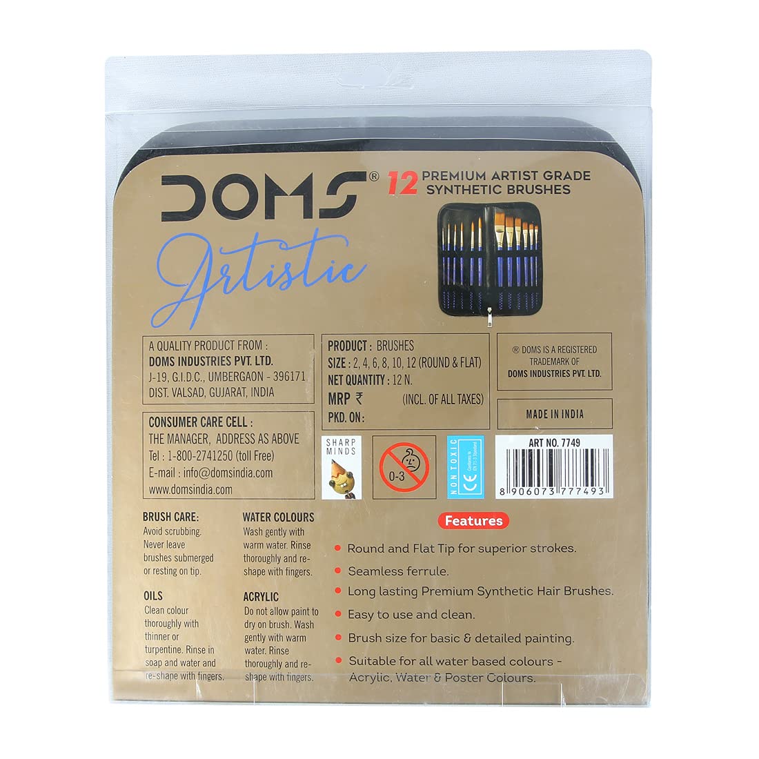 Doms 12 Artistic Brushes with Zip Case Pouch | Artist Grade Synthetic Brushes | Smooth & Durable Metal Ferrule | for Acrylic, Water & Poster Colors | Pack of 1