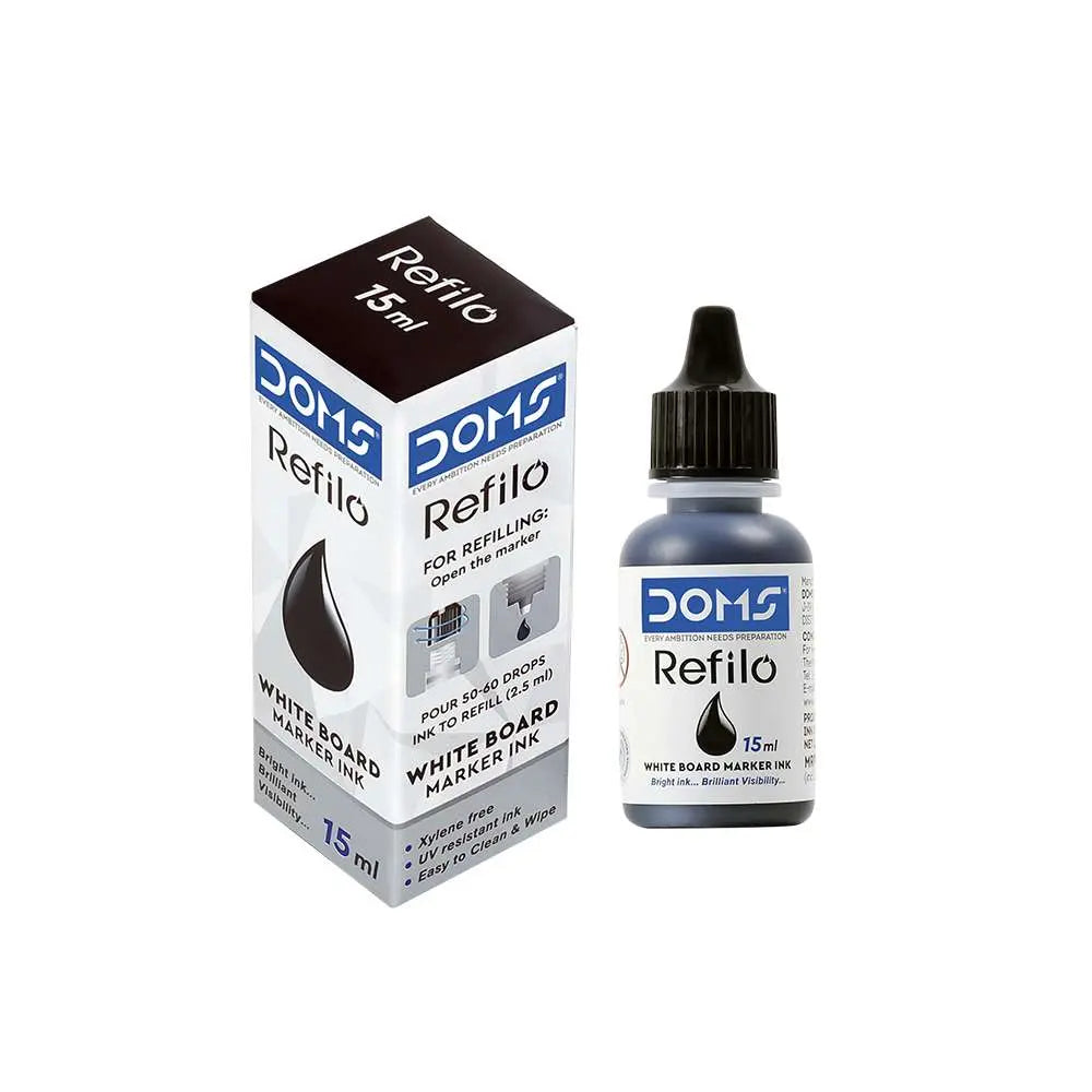 DOMS Refilo White Board Marker Ink – 15ML & 100ML ( Assorted Colours - Blue , Black , Red & Green ) - Image #1