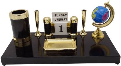 KEBICA Decorative Pen Stand with 2 Pen Holder, Calendar and globe  for Office Table