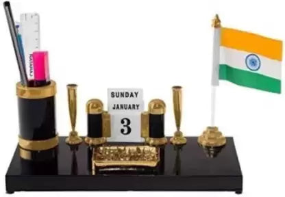 Kebica 2 Compartments Acrylic Shining Decorative Pen Stand with 2 Pen Holder, Calendar and India Flag for Office Table