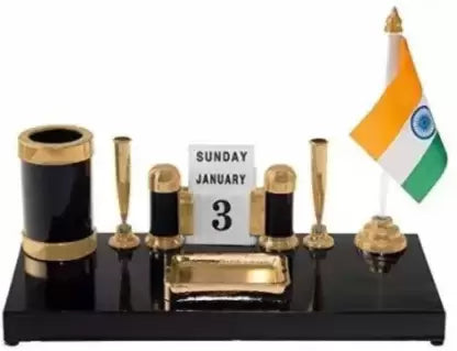 Kebica 2 Compartments Acrylic Shining Decorative Pen Stand with 2 Pen Holder, Calendar and India Flag for Office Table