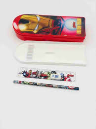 SKI 3D Crysta Iron Man Printed Pencil Box with Accessories for Kids Double Level Plastic Pen /Pencil/Stationary Holder with Pencil Eraser Scale &sharpner Iron Man Art Plastic Pencil Box