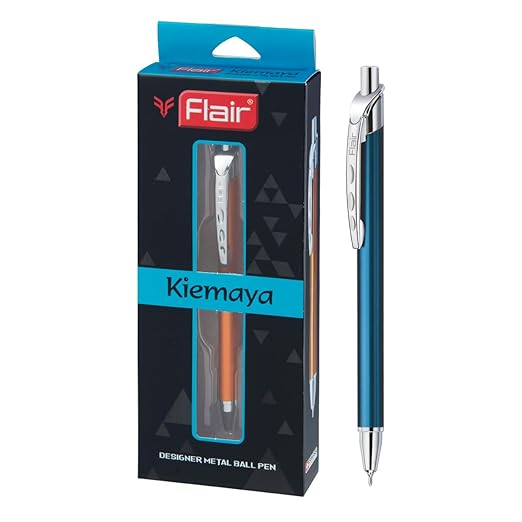 FLAIR Kiemaya Ball Pen Box Pack | Retractable Mechanism With Comfortable Grip For Easy Handling | Shiny & Attractive Metal Body | Ideal For Gifting | Blue Ink, Pack of 1 Pens