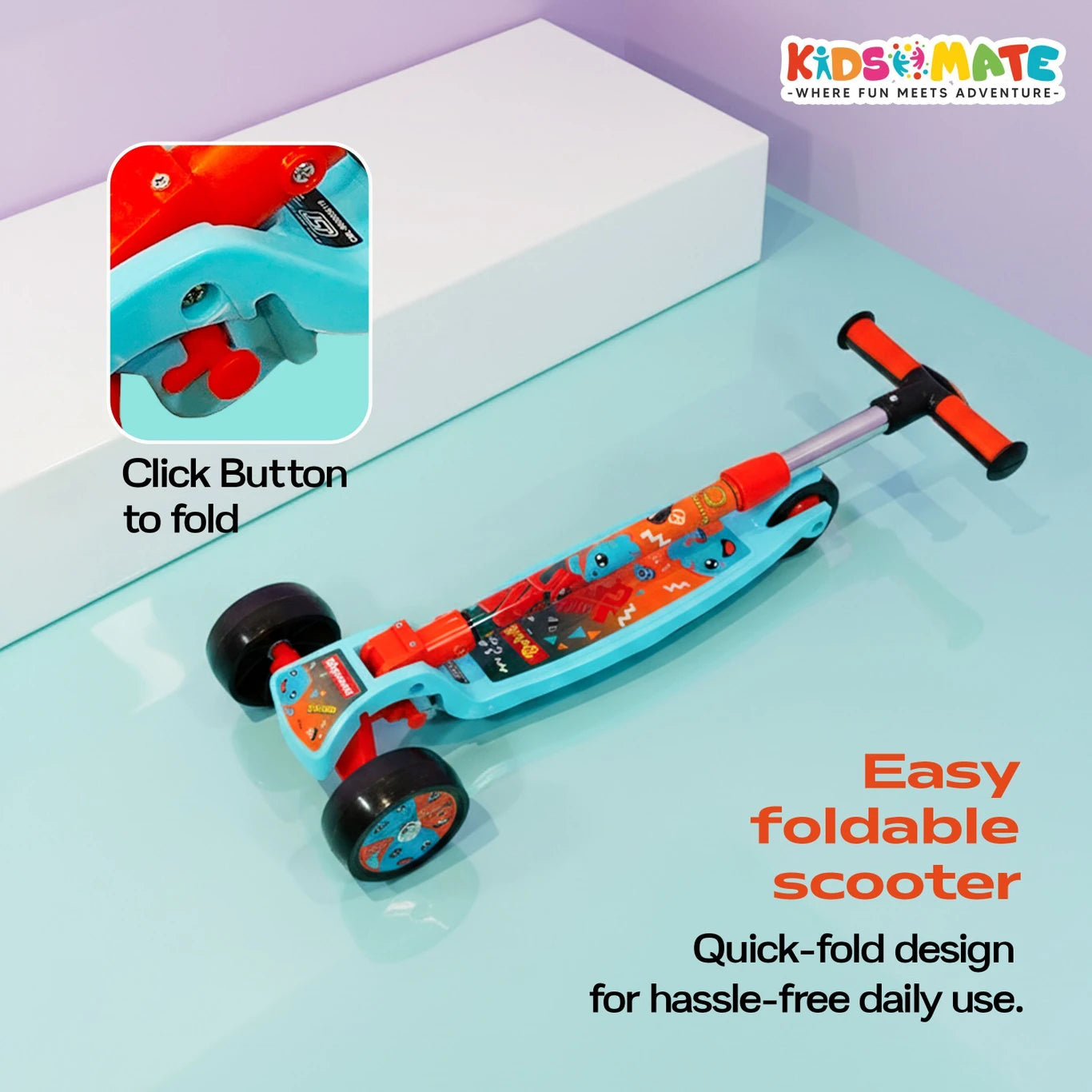 Kidsmate Fliprider 3 Wheel Kick Scooter for Kids | Foldable, 3-Level Adjustable Height | Kids Scooter (ASL)