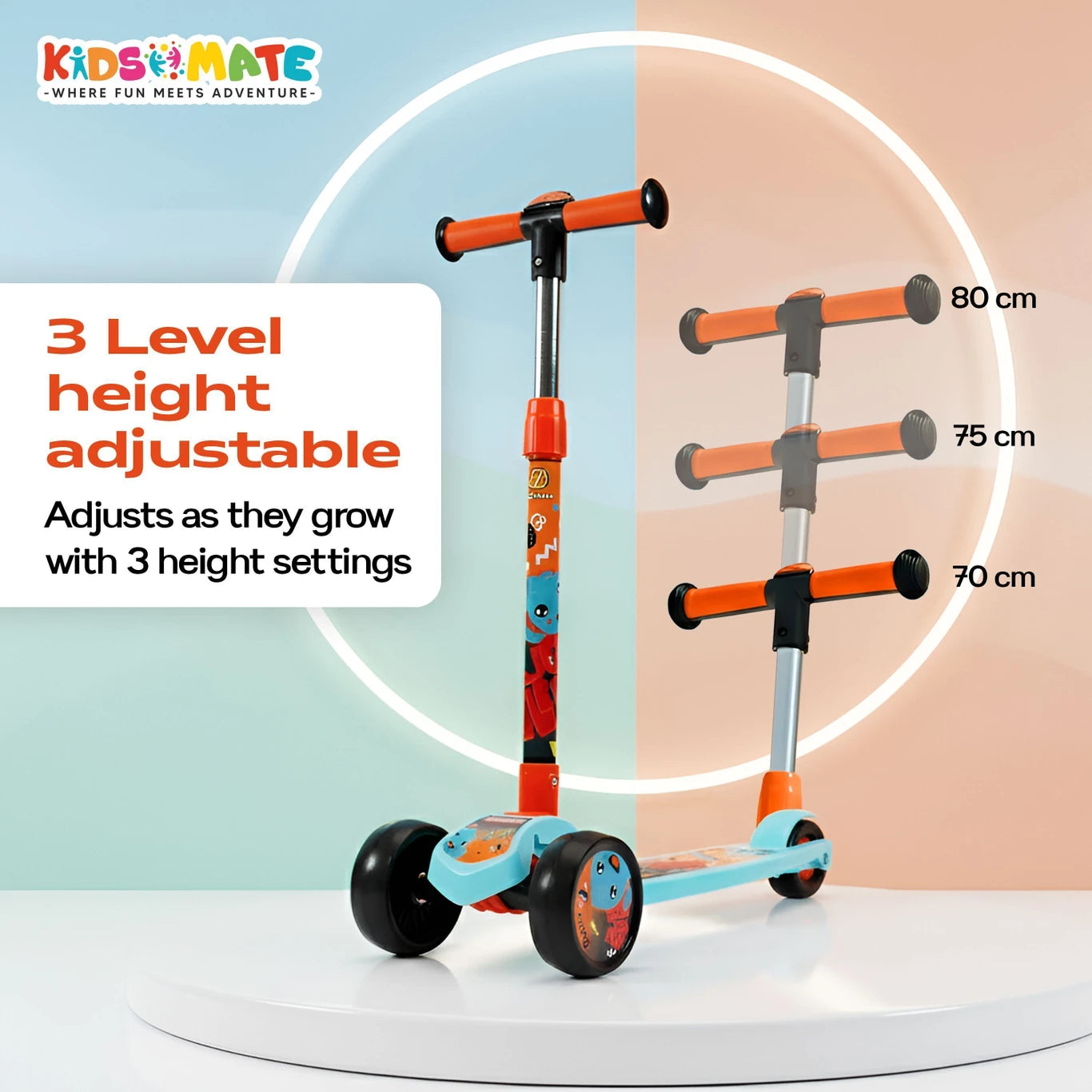 Kidsmate Fliprider 3 Wheel Kick Scooter for Kids | Foldable, 3-Level Adjustable Height | Kids Scooter (ASL)