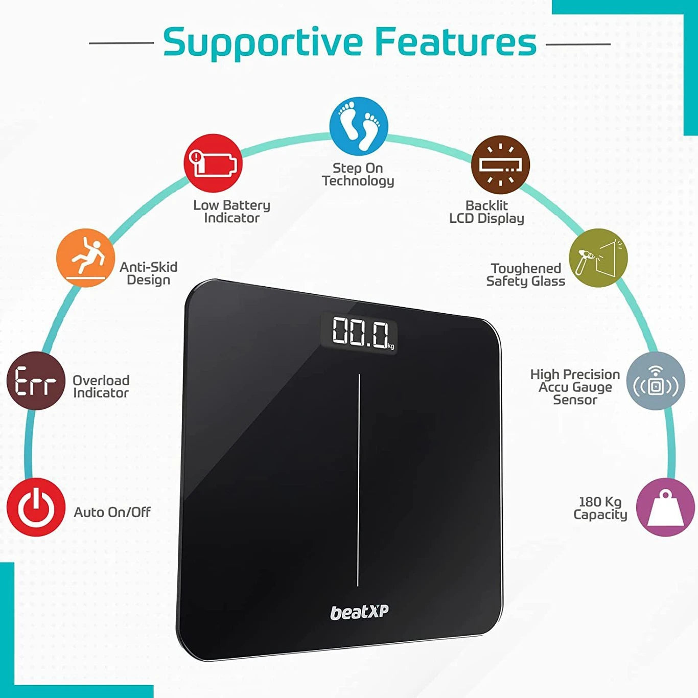 beatXP Gravity Elite Digital Weighing Scale for Body Weight with 6 mm Thick Tempered Glass | Electronic Weight Machine with High Precision Sensors & Backlit LCD Panel |