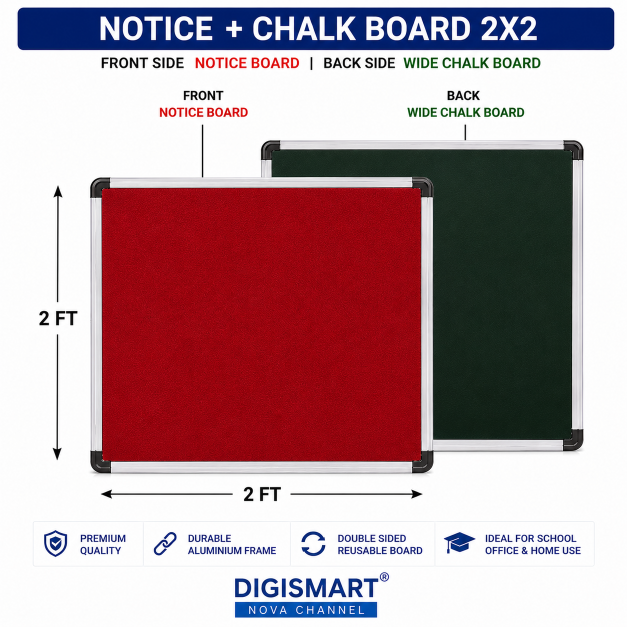 Digismart Nova Channel Double Sided Notice + Chalk Board | Red Notice Board & Green Chalk Board with Durable Aluminium Frame | School, Office & Home