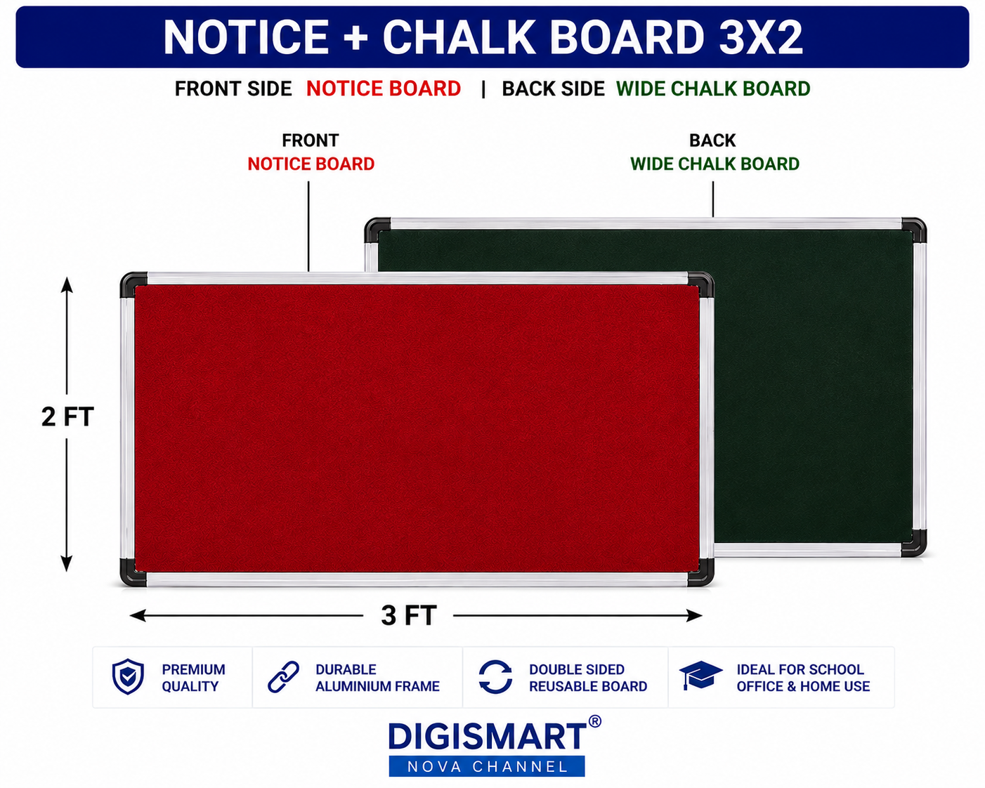 Digismart Nova Channel Double Sided Notice + Chalk Board | Red Notice Board & Green Chalk Board with Durable Aluminium Frame | School, Office & Home