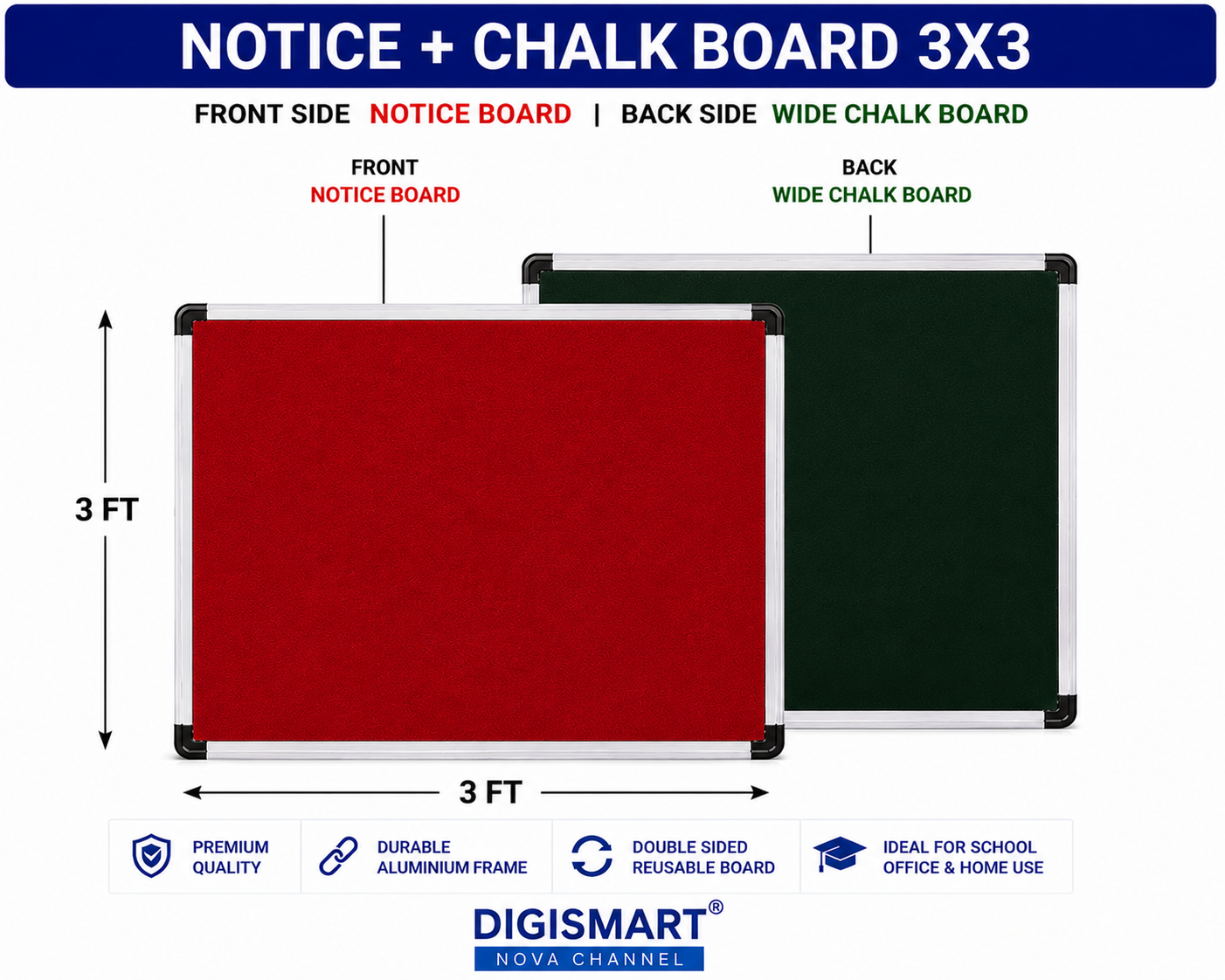 Digismart Nova Channel Double Sided Notice + Chalk Board | Red Notice Board & Green Chalk Board with Durable Aluminium Frame | School, Office & Home