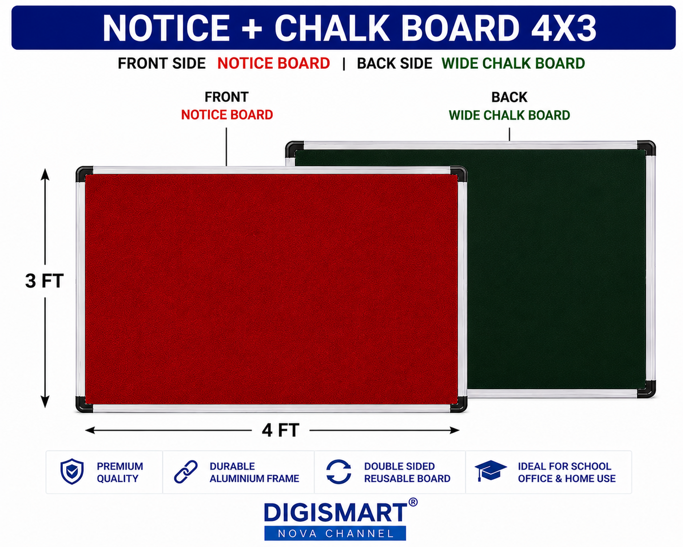 Digismart Nova Channel Double Sided Notice + Chalk Board | Red Notice Board & Green Chalk Board with Durable Aluminium Frame | School, Office & Home