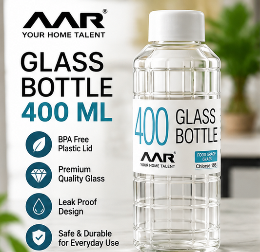 AAR Check Glass Water Bottle with Plastic Lid, 400 ML, Transparent, Reusable Bottle for Home, Office & Travel