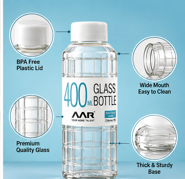 AAR Check Glass Water Bottle with Plastic Lid, 400 ML, Transparent, Reusable Bottle for Home, Office & Travel