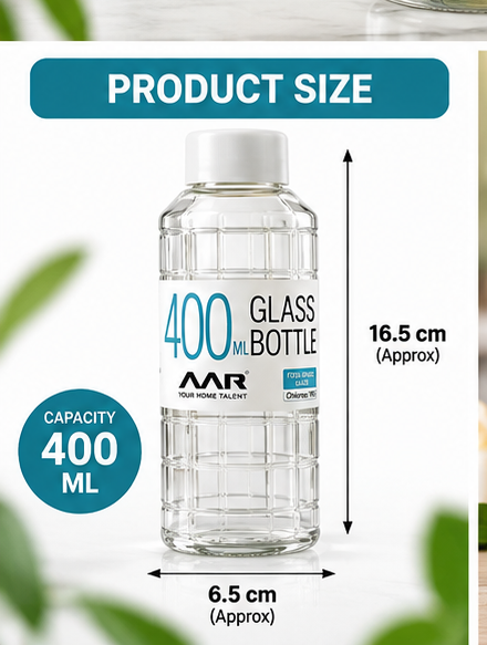 AAR Check Glass Water Bottle with Plastic Lid, 400 ML, Transparent, Reusable Bottle for Home, Office & Travel