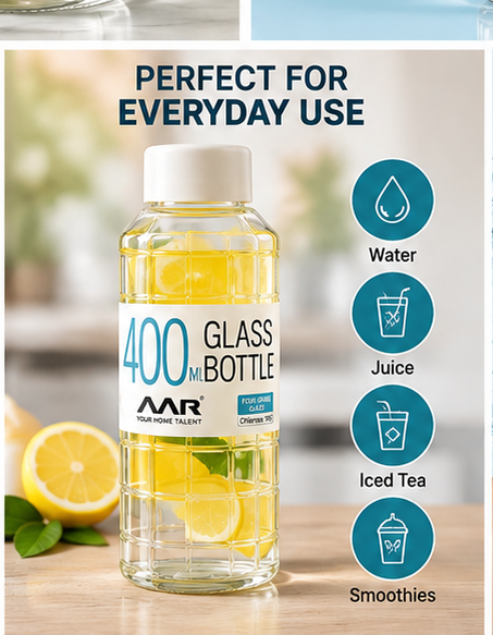 AAR Check Glass Water Bottle with Plastic Lid, 400 ML, Transparent, Reusable Bottle for Home, Office & Travel