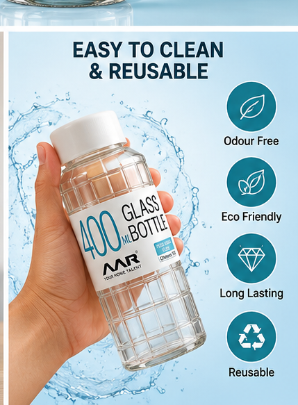 AAR Check Glass Water Bottle with Plastic Lid, 400 ML, Transparent, Reusable Bottle for Home, Office & Travel